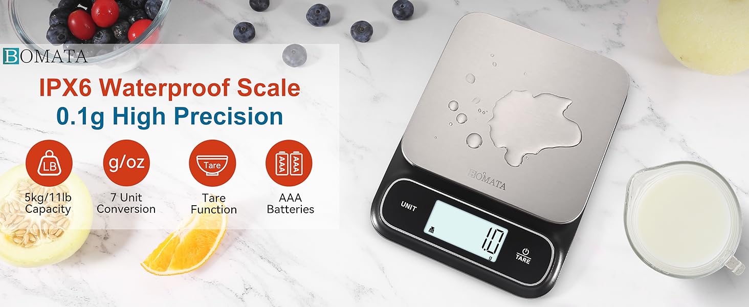 BOMATA Waterproof IPX6 Kitchen Scale, 0.1 g/0.01 oz High Precision, 5 kg/11 lbs, Digital Scale with Backlight, Stainless Steel Weighing Platform, for Food, Cooking, Baking, Weight Loss.. B619, Grey