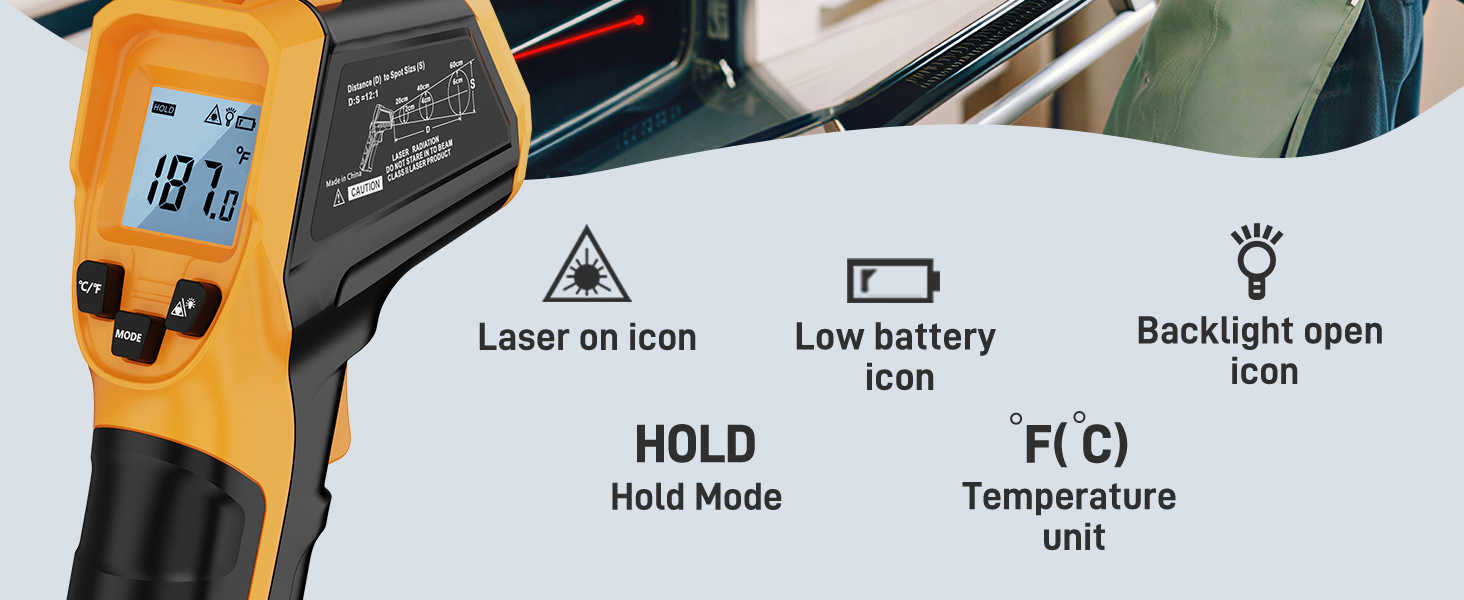 Infrared Thermometer Laser Temperature Gun -58℉ to 1112℉,with Cal Calibration and Adjustable Emissivity,Min& Max Measure,for Cooking,Oven,Meat Food,HVAC,Appliance（Yellow）