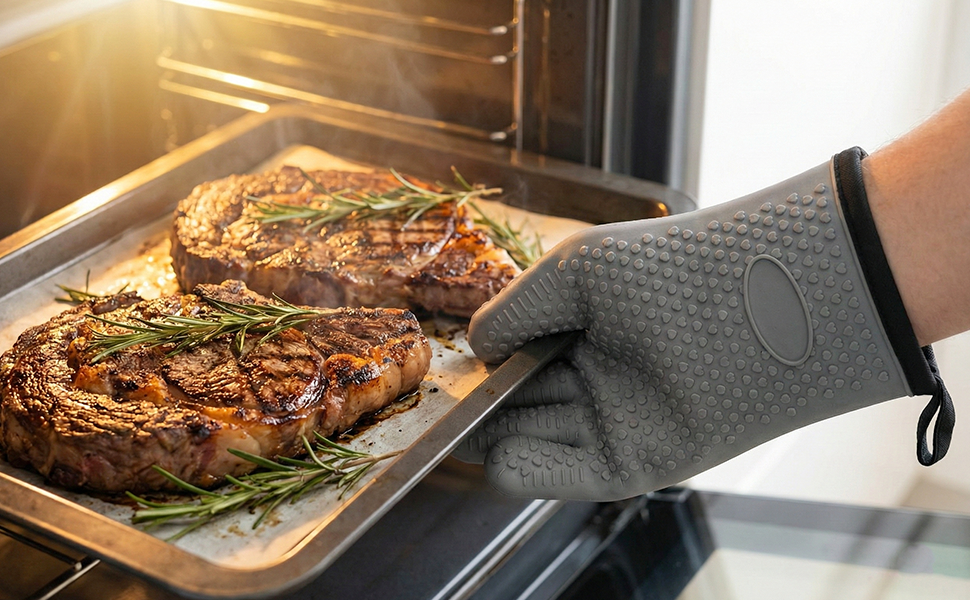 2Pack Heat Resistant Oven Mitts & Silicone Gloves with Fingers, Non-Slip Grip Food Grade Safety Gloves, Waterproof Kitchen Mitts for Baking & Cooking(Black)