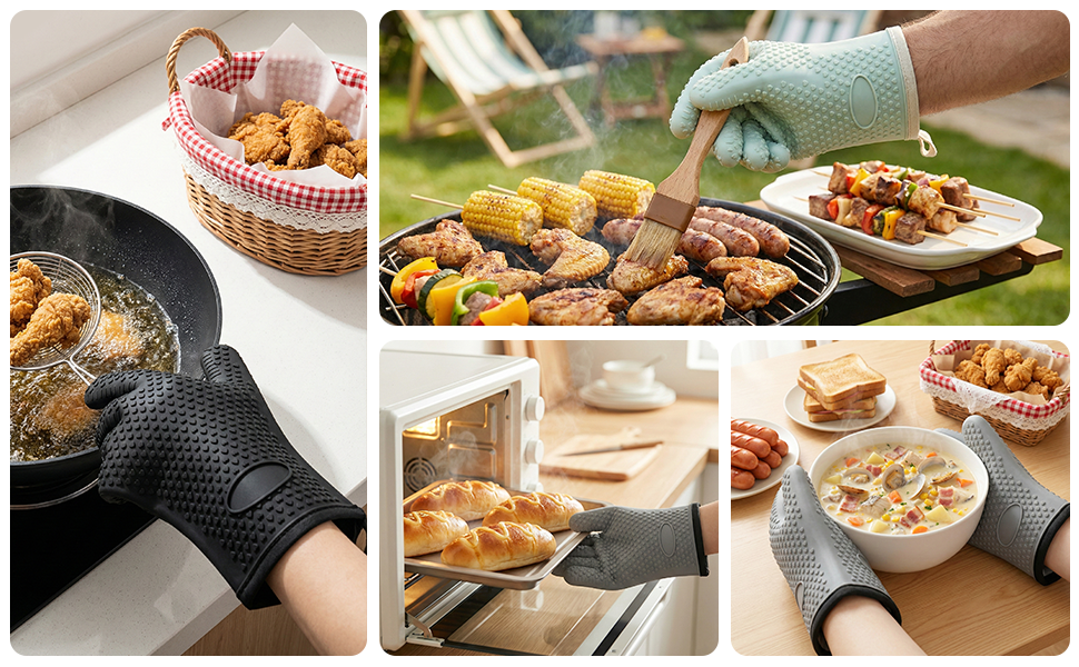 2Pack Heat Resistant Oven Mitts & Silicone Gloves with Fingers, Non-Slip Grip Food Grade Safety Gloves, Waterproof Kitchen Mitts for Baking & Cooking(Black)