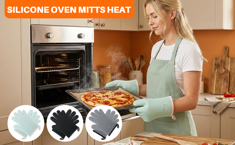 2Pack Heat Resistant Oven Mitts & Silicone Gloves with Fingers, Non-Slip Grip Food Grade Safety Gloves, Waterproof Kitchen Mitts for Baking & Cooking(Black)