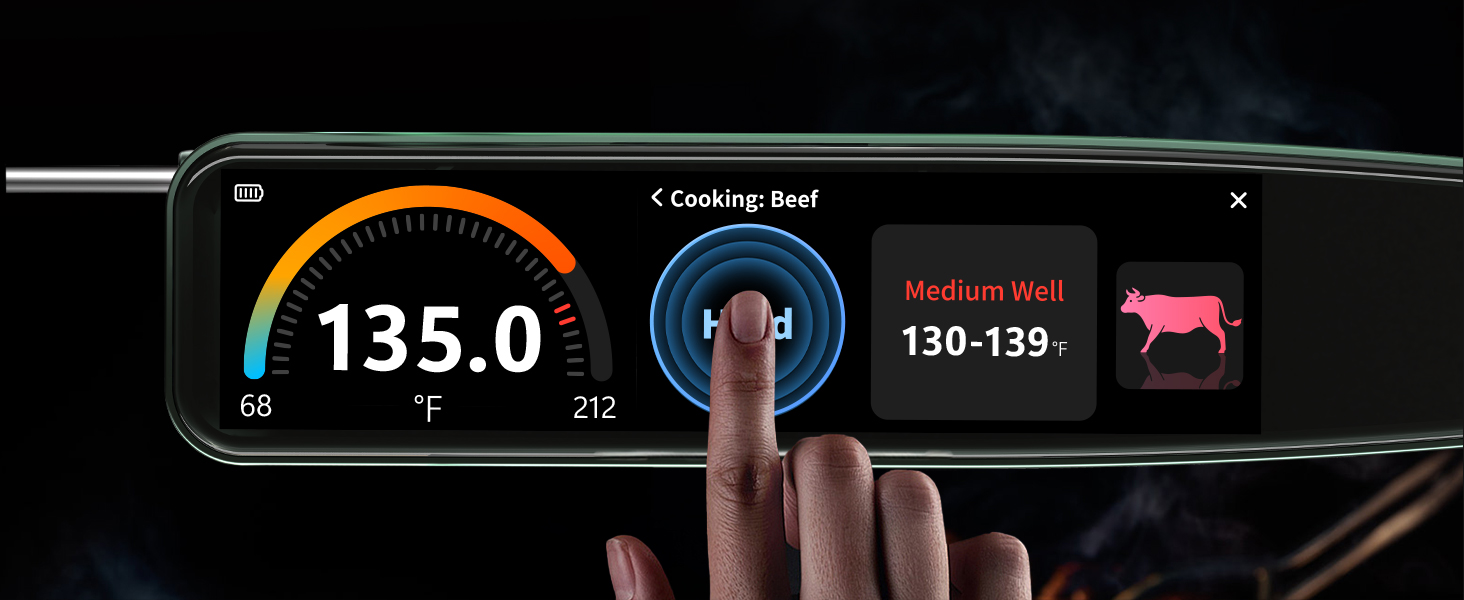 0.5s Instant Read Smart Meat Thermometer Digital, 3.8″ HD Touchscreen with Temp-OS, Professional Kitchen Food Thermometer for Cooking, Grill, BBQ | ±0.5°F, −58–572°F, IP68, USB-C Rechargeable