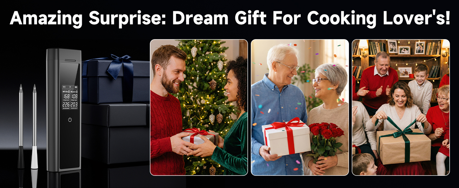 Smart Wireless Meat Thermometer Digital, 2 Probes, Advanced Bluetooth Food Thermometer for Cooking, IP67, Real-Time Monitoring & Smart Alerts with APP for BBQ, Grill, Oven, Smoker, Kitchen Gifts