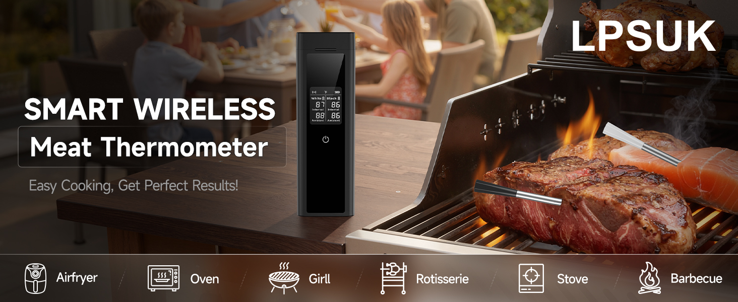 Smart Wireless Meat Thermometer Digital, 2 Probes, Advanced Bluetooth Food Thermometer for Cooking, IP67, Real-Time Monitoring & Smart Alerts with APP for BBQ, Grill, Oven, Smoker, Kitchen Gifts