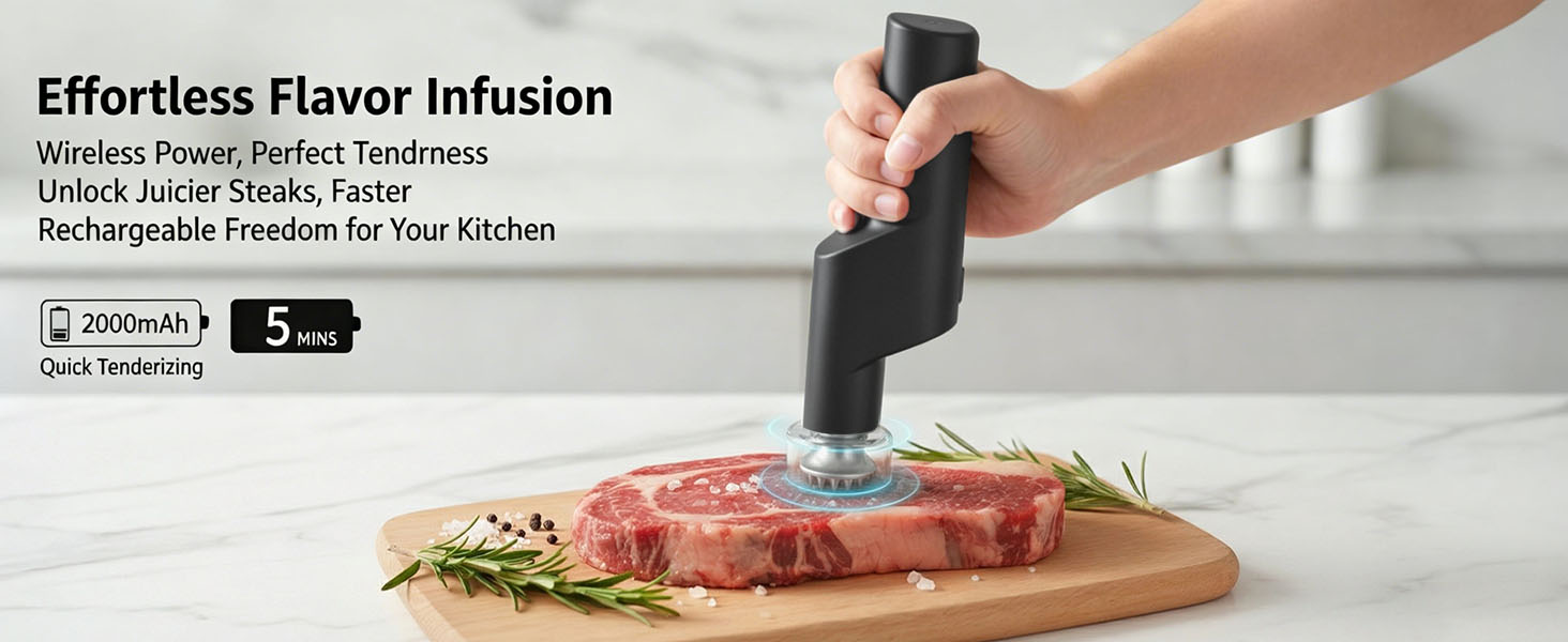 YOTAN Electric Meat Tenderizer for Steak, 3 Speed Powerful Motor, Tenderizes Tough Meat in Seconds, Stainless Steel Tender Head, Safe One-Press Design, Easy to Clean, for Beef Pork Chicken BBQ
