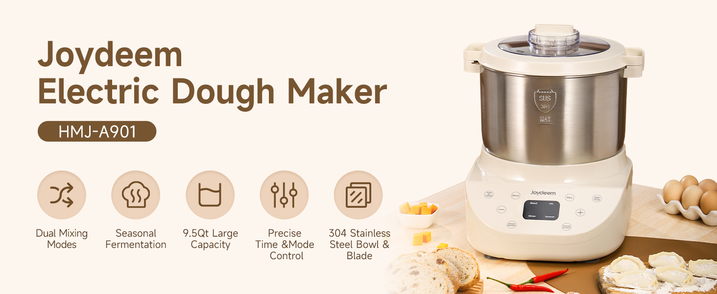 Joydeem Electric Dough Maker, 9.5Qt with Winter & Summer Fermentation, Dual Functions (MIX for Dough/Kneading, BLEND for Filling) - Ideal for Bread, Pizza, Roti, Dumplings, Sourdough, HMJ-A901