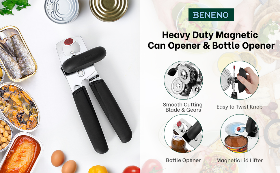 Beneno Can Opener, Heavy Duty Manual Can Opener with Magnet Lid Lifter & Bottle Opener, Hand Can Opener Manual with Ergonomic Soft Grip, Easy Turn Knob for Arthritis & Weak Hands, Easy to Use, Black