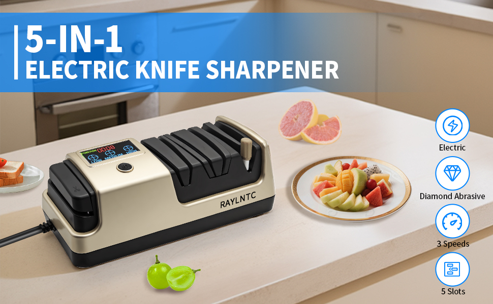 Professional 5-in-1 Electric Knife Sharpener with LCD Display,Scissor Sharpener with 3-Speed & 100% Diamond Abrasives - Precision Angle Guides for Straight, Serrated, Cleaver & Kitchen Scissors