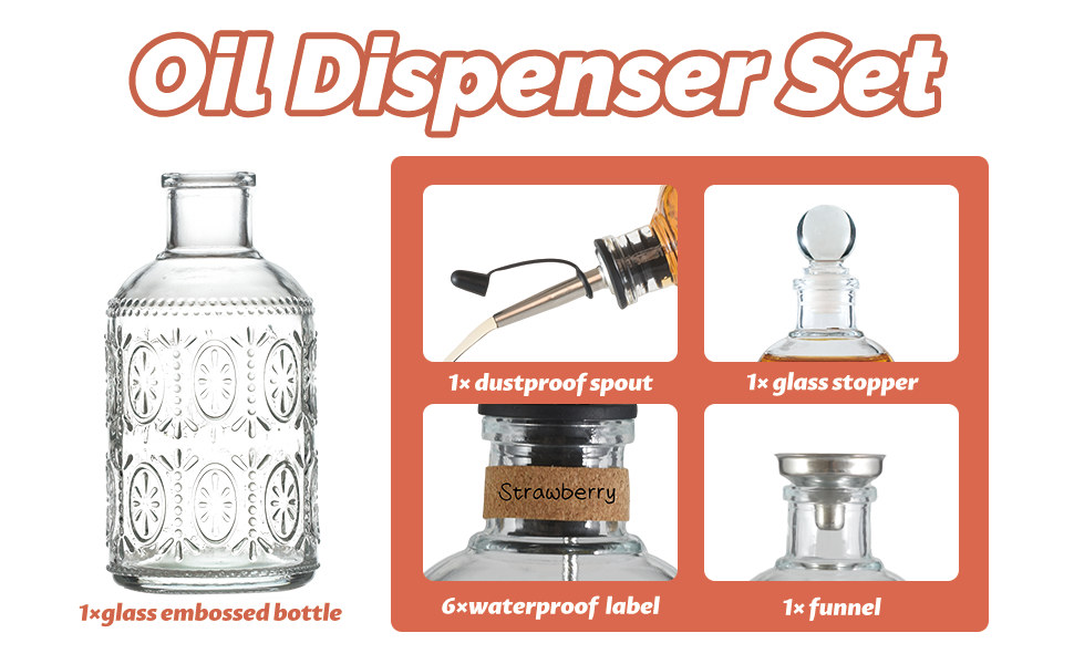 Retro Glass Syrup Dispenser Bottle 7oz, Oil and Vinegar Cruet with Stainless Steel Pour Spout, Labels, Funnel & Stopper(Floral-B)