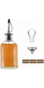 Retro Glass Syrup Dispenser Bottle 7oz, Oil and Vinegar Cruet with Stainless Steel Pour Spout, Labels, Funnel & Stopper(Floral-B)