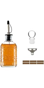 Retro Glass Syrup Dispenser Bottle 7oz, Oil and Vinegar Cruet with Stainless Steel Pour Spout, Labels, Funnel & Stopper(Floral-B)