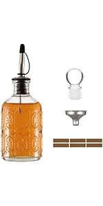 Retro Glass Syrup Dispenser Bottle 7oz, Oil and Vinegar Cruet with Stainless Steel Pour Spout, Labels, Funnel & Stopper(Floral-B)