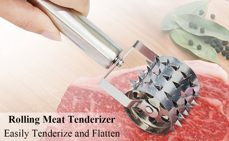 Stainless Steel Meat Tenderizers Roller, Rolling Meat Tenderizer with Ultra Sharp Needle Blades, Meat Rolling Hammer Meat Tenderizer for Kitchen Cooking Meat Tenderizing Steak, Beef, Chicken & Pork