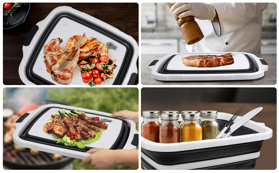 Collapsible BBQ Prep Tub for Meal Prep, Marinating,Food Storage, picnics, camping, barbecues,cutting fruits and vegetables - Includes Cutting Board and Locking Lid,(X-Large) Black