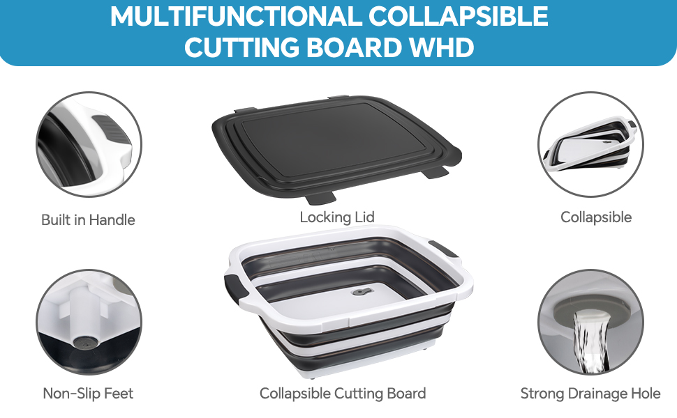 Collapsible BBQ Prep Tub for Meal Prep, Marinating,Food Storage, picnics, camping, barbecues,cutting fruits and vegetables - Includes Cutting Board and Locking Lid,(X-Large) Black