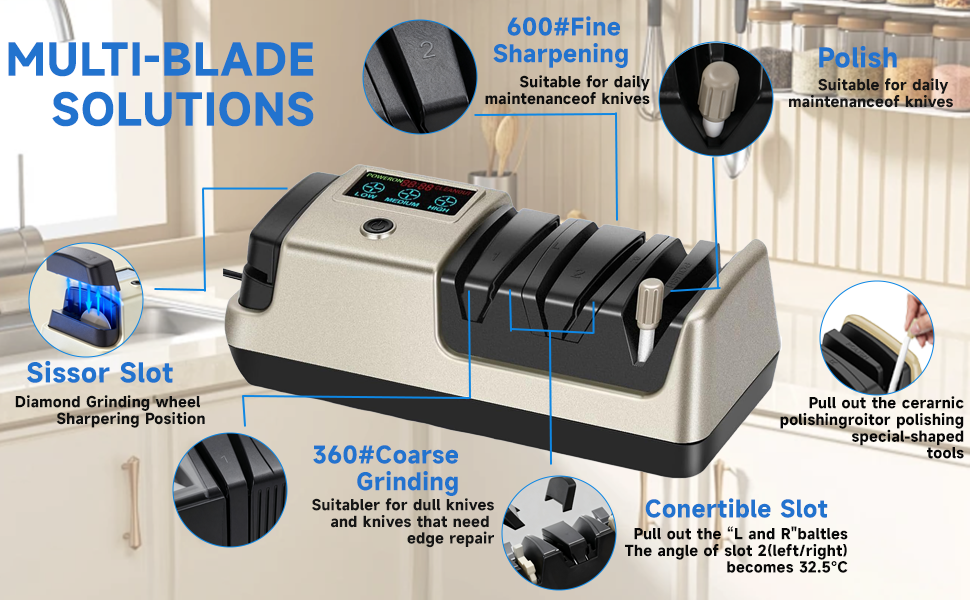 Professional 5-in-1 Electric Knife Sharpener w/LCD, Scissor Sharpener with 3-Speed & 100% Diamond Abrasives -Precision Angle Guides Sharpens Straight, Serrated, Cleaver Knives