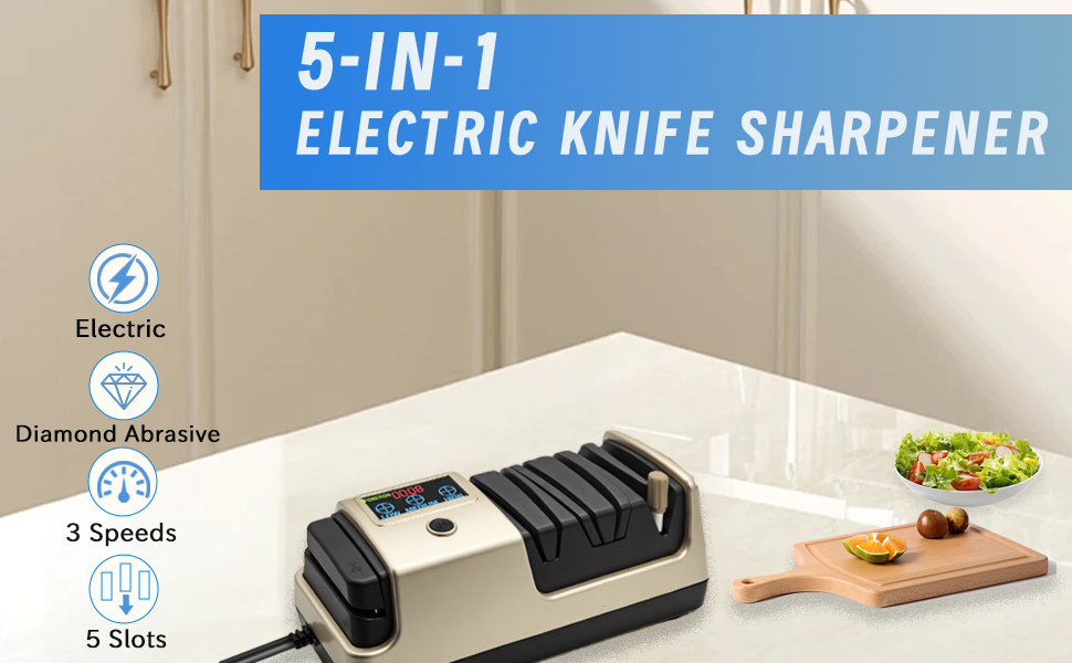 Professional 5-in-1 Electric Knife Sharpener w/LCD, Scissor Sharpener with 3-Speed & 100% Diamond Abrasives -Precision Angle Guides Sharpens Straight, Serrated, Cleaver Knives