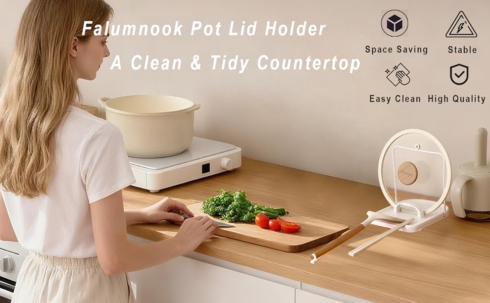 Foldable Pot Lid Holder & Spoon Rest - ABS with Stainless Steel, Non-Slip Silicone Base, Holds Lids & Utensils, Dishwasher Safe, Space-Saving Kitchen Organizer for Countertop