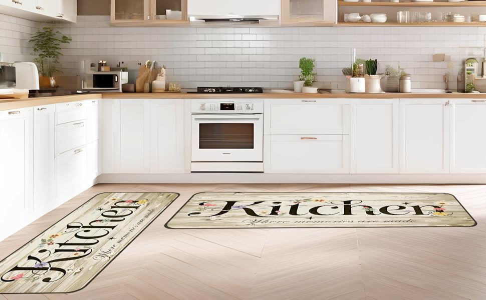 Kitchen Rugs and Mats Non Slip, Farmhouse Floral Kitchen Mats for Floor, Machine Washable Comfort Cushioned Soft Faux Wool Runner Rugs for Sink, Laundry Room, Office, Hallway, 20