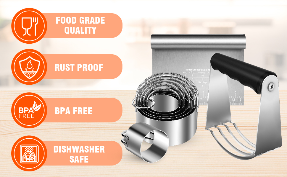 Stainless Steel Biscuit Cutter Set, Pastry Scraper and Dough Blender, Sturdy & Long-Lasting with Ergonomic Rubber Grip, Baking Dough Tools for Cooking Cookies and Donuts, Cakes, or Making Pancakes