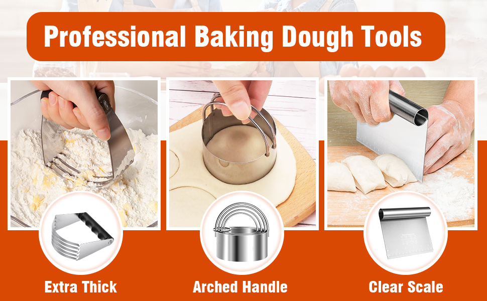 Stainless Steel Biscuit Cutter Set, Pastry Scraper and Dough Blender, Sturdy & Long-Lasting with Ergonomic Rubber Grip, Baking Dough Tools for Cooking Cookies and Donuts, Cakes, or Making Pancakes