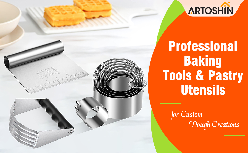 Stainless Steel Biscuit Cutter Set, Pastry Scraper and Dough Blender, Sturdy & Long-Lasting with Ergonomic Rubber Grip, Baking Dough Tools for Cooking Cookies and Donuts, Cakes, or Making Pancakes