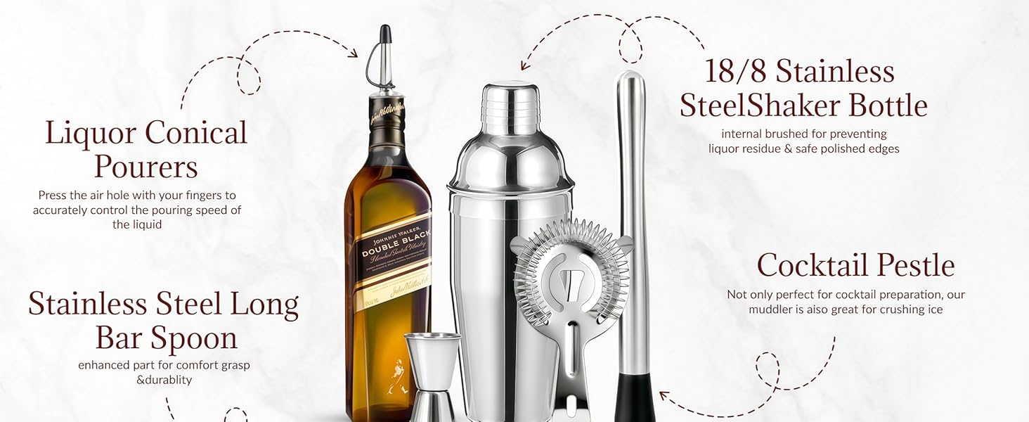 Cocktail Shaker Set Bartender Kit,Professional Bar Set, Martini Shaker, Jigger, Strainer, Mixer Spoon, Muddler, Liquor Pourers Ideal Bar Accessories for Home, Gift for Christmas, Birthday, Beginners