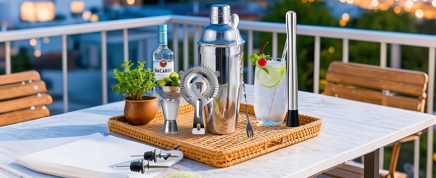 Cocktail Shaker Set Bartender Kit,Professional Bar Set, Martini Shaker, Jigger, Strainer, Mixer Spoon, Muddler, Liquor Pourers Ideal Bar Accessories for Home, Gift for Christmas, Birthday, Beginners