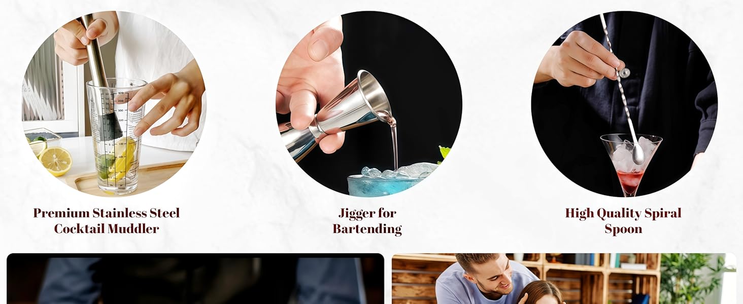 Cocktail Shaker Set Bartender Kit,Professional Bar Set, Martini Shaker, Jigger, Strainer, Mixer Spoon, Muddler, Liquor Pourers Ideal Bar Accessories for Home, Gift for Christmas, Birthday, Beginners