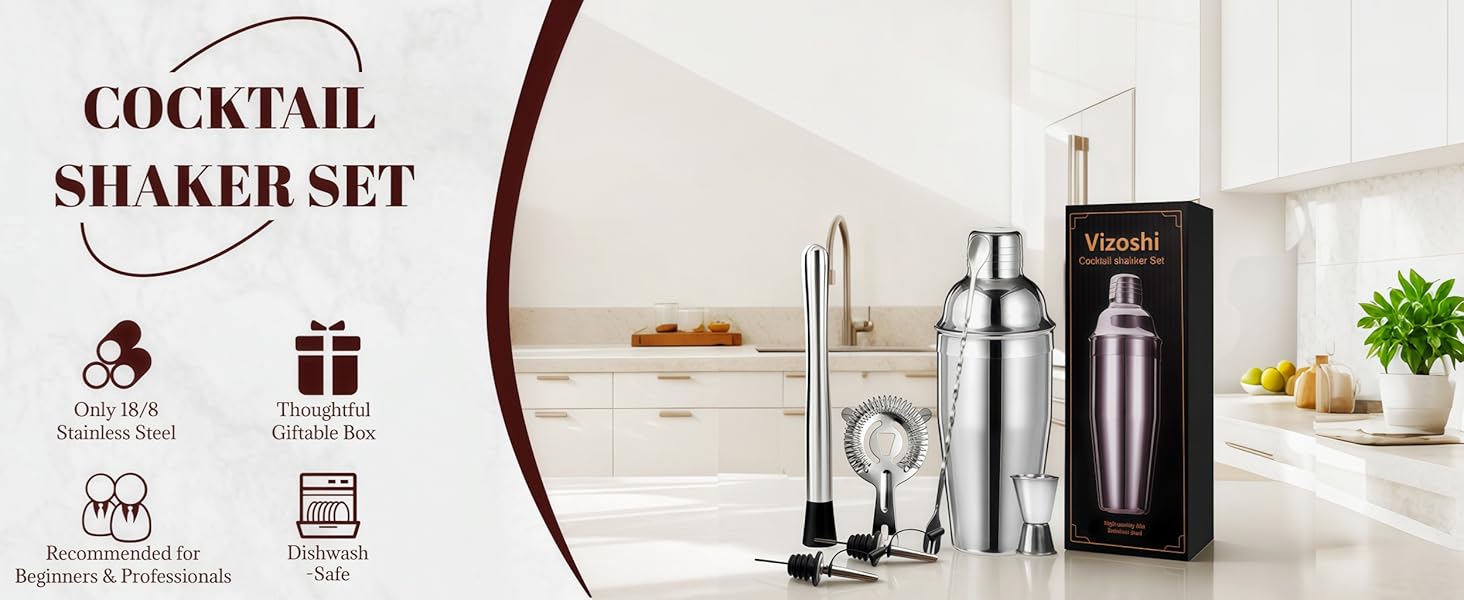 Cocktail Shaker Set Bartender Kit,Professional Bar Set, Martini Shaker, Jigger, Strainer, Mixer Spoon, Muddler, Liquor Pourers Ideal Bar Accessories for Home, Gift for Christmas, Birthday, Beginners