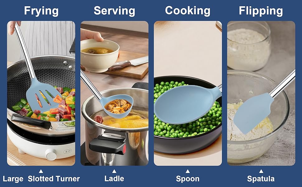 8PCS Kitchen Utensils Set, Vayvnt Heat Resistant Silicone Utensils Set for Cooking, Non Scratch Spatula Spoons for Non Stick Pan, Large Kitchen Cooking Tools, Metal Long Handle&Dishwasher Safe, Blue