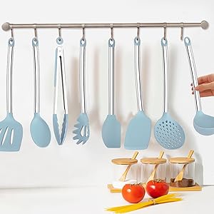 8PCS Kitchen Utensils Set, Vayvnt Heat Resistant Silicone Utensils Set for Cooking, Non Scratch Spatula Spoons for Non Stick Pan, Large Kitchen Cooking Tools, Metal Long Handle&Dishwasher Safe, Blue