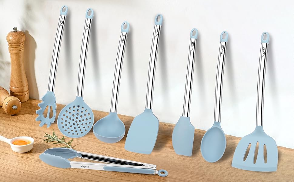 8PCS Kitchen Utensils Set, Vayvnt Heat Resistant Silicone Utensils Set for Cooking, Non Scratch Spatula Spoons for Non Stick Pan, Large Kitchen Cooking Tools, Metal Long Handle&Dishwasher Safe, Blue