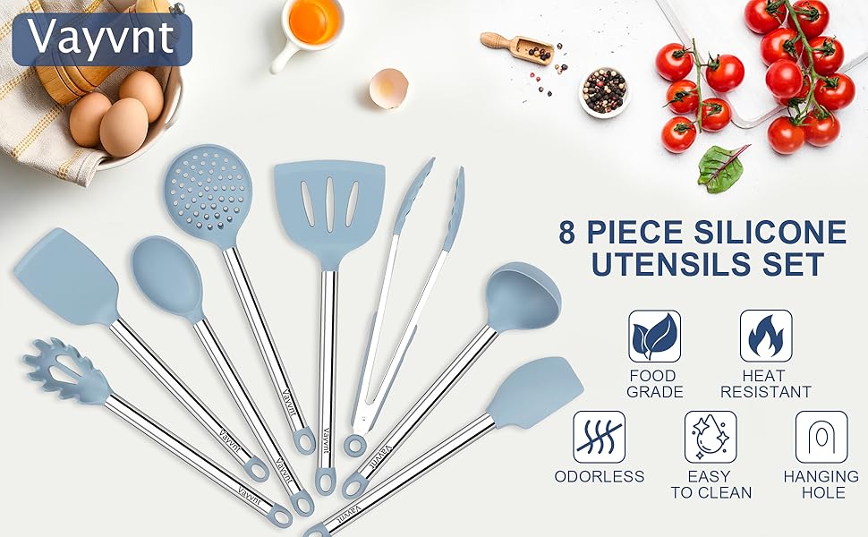 8PCS Kitchen Utensils Set, Vayvnt Heat Resistant Silicone Utensils Set for Cooking, Non Scratch Spatula Spoons for Non Stick Pan, Large Kitchen Cooking Tools, Metal Long Handle&Dishwasher Safe, Blue