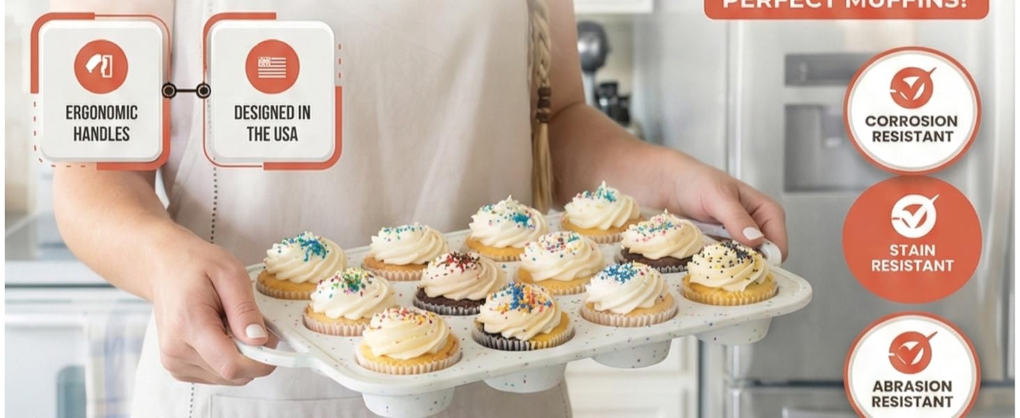 2-Pack Silicone Muffin Pan for Baking with Metal Reinforced Frame -12 Cup Regular Size Cupcake Pan, BPA Free Silicone Muffin Tray - Cupcake Baking Pan Molds for Oven & Dishwasher Safe