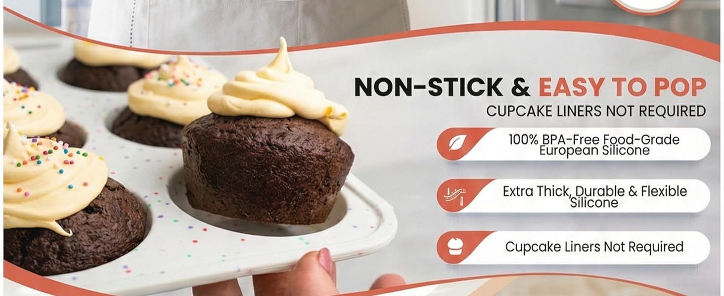 2-Pack Silicone Muffin Pan for Baking with Metal Reinforced Frame -12 Cup Regular Size Cupcake Pan, BPA Free Silicone Muffin Tray - Cupcake Baking Pan Molds for Oven & Dishwasher Safe