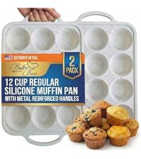 2-Pack Silicone Muffin Pan for Baking with Metal Reinforced Frame -12 Cup Regular Size Cupcake Pan, BPA Free Silicone Muffin Tray - Cupcake Baking Pan Molds for Oven & Dishwasher Safe