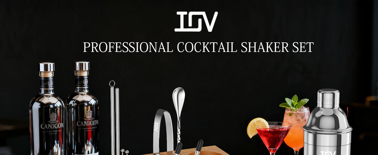 IOV Cocktail Shaker Set Bartender Kit with Stand | Bar Set Drink Mixer Set Includes Martini Shaker, Jigger, Strainer, Mixing Spoon, Muddler, Recipe Book | Home Bar Accessories Gift Set (Silver)