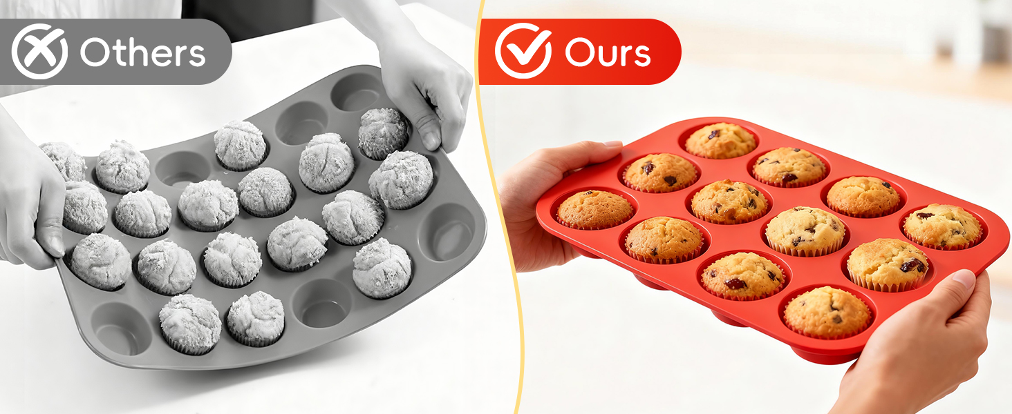 Silicone Muffin Pan for Baking: 12 Cup Muffin Pan with Metal Reinforced Frame, Regular Size Cupcake Egg Bites Molds for Baking, BPA Free Silicone Muffin Tray, Dishwasher Safe (1 Pack, Red)