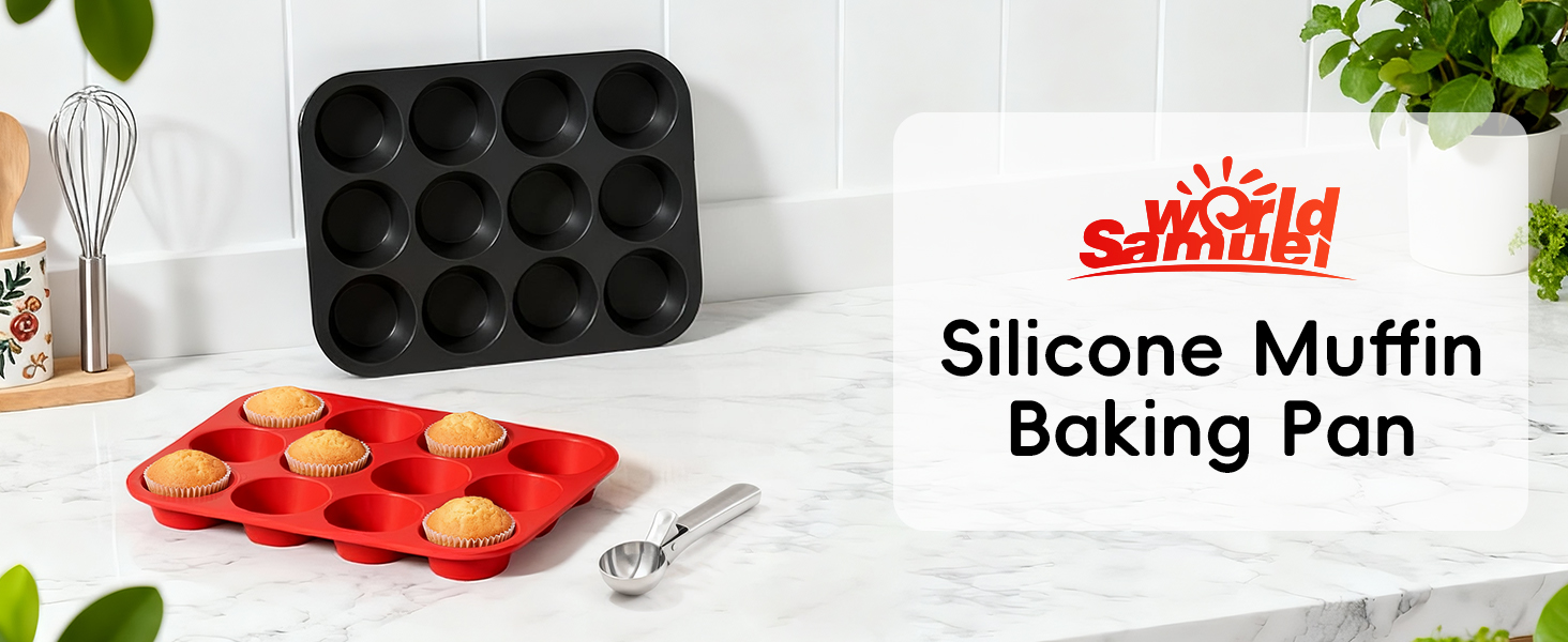 Silicone Muffin Pan for Baking: 12 Cup Muffin Pan with Metal Reinforced Frame, Regular Size Cupcake Egg Bites Molds for Baking, BPA Free Silicone Muffin Tray, Dishwasher Safe (1 Pack, Red)