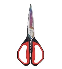 LIVINGO 8.5 Inch Kitchen Scissors Heavy Duty - Multi-Purpose Food Shears with Serrated Blades, Nut Cracker, Fish Scaler, Bottle Opener, Black & Red Handle