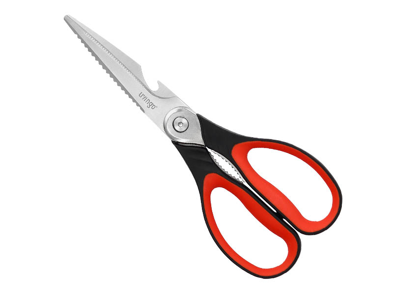 LIVINGO 8.5 Inch Kitchen Scissors Heavy Duty - Multi-Purpose Food Shears with Serrated Blades, Nut Cracker, Fish Scaler, Bottle Opener, Black & Red Handle
