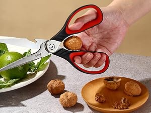 LIVINGO 8.5 Inch Kitchen Scissors Heavy Duty - Multi-Purpose Food Shears with Serrated Blades, Nut Cracker, Fish Scaler, Bottle Opener, Black & Red Handle