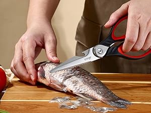 LIVINGO 8.5 Inch Kitchen Scissors Heavy Duty - Multi-Purpose Food Shears with Serrated Blades, Nut Cracker, Fish Scaler, Bottle Opener, Black & Red Handle