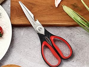 LIVINGO 8.5 Inch Kitchen Scissors Heavy Duty - Multi-Purpose Food Shears with Serrated Blades, Nut Cracker, Fish Scaler, Bottle Opener, Black & Red Handle