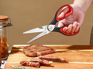 LIVINGO 8.5 Inch Kitchen Scissors Heavy Duty - Multi-Purpose Food Shears with Serrated Blades, Nut Cracker, Fish Scaler, Bottle Opener, Black & Red Handle