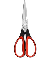 LIVINGO 8.5 Inch Kitchen Scissors Heavy Duty - Multi-Purpose Food Shears with Serrated Blades, Nut Cracker, Fish Scaler, Bottle Opener, Black & Red Handle