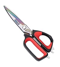 LIVINGO 8.5 Inch Kitchen Scissors Heavy Duty - Multi-Purpose Food Shears with Serrated Blades, Nut Cracker, Fish Scaler, Bottle Opener, Black & Red Handle