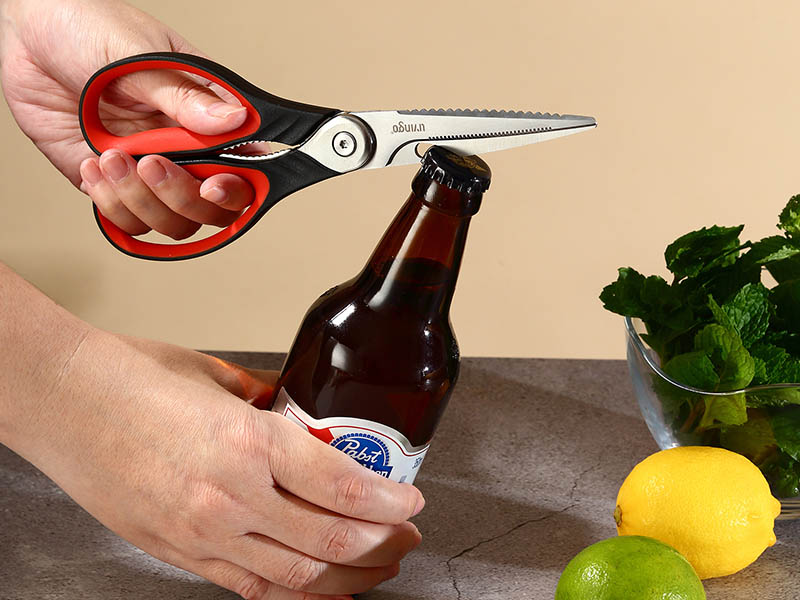 LIVINGO 8.5 Inch Kitchen Scissors Heavy Duty - Multi-Purpose Food Shears with Serrated Blades, Nut Cracker, Fish Scaler, Bottle Opener, Black & Red Handle