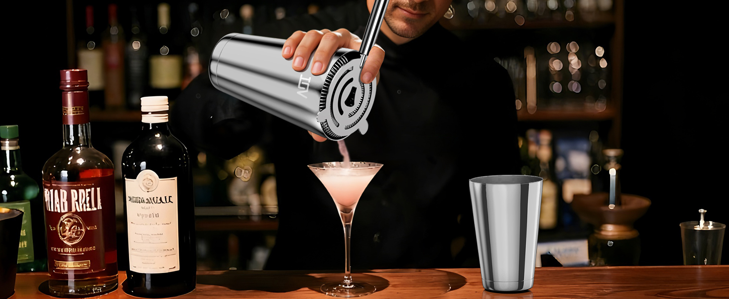 IOV Mixology Bartender Kit Bar Set with Stand | 17-Piece Cocktail Shaker Set | 28oz Boston Shaker Drink Mixer Set with All Essential Accessory Tools | Fun Housewarming Gift (Silver)